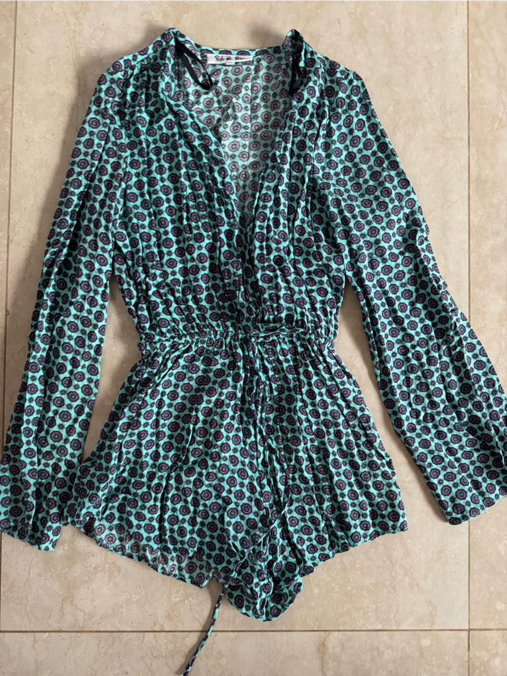 Rat & Boa Teal and Black Printed Long-Sleeve Romper